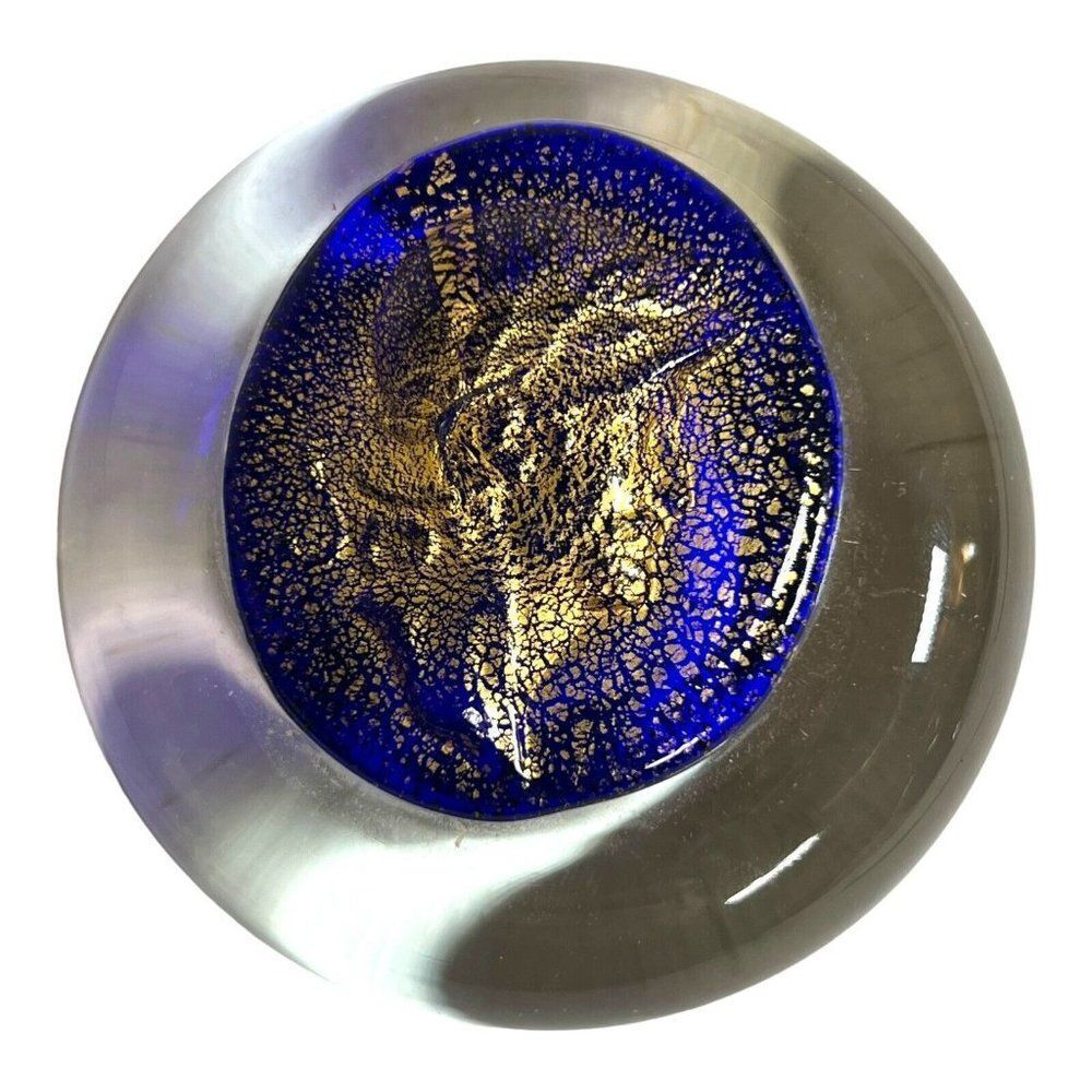 Murano Gold Fleck Disc Handmade Cobalt Blue Art Glass Paperweight 3” Swirl VTG